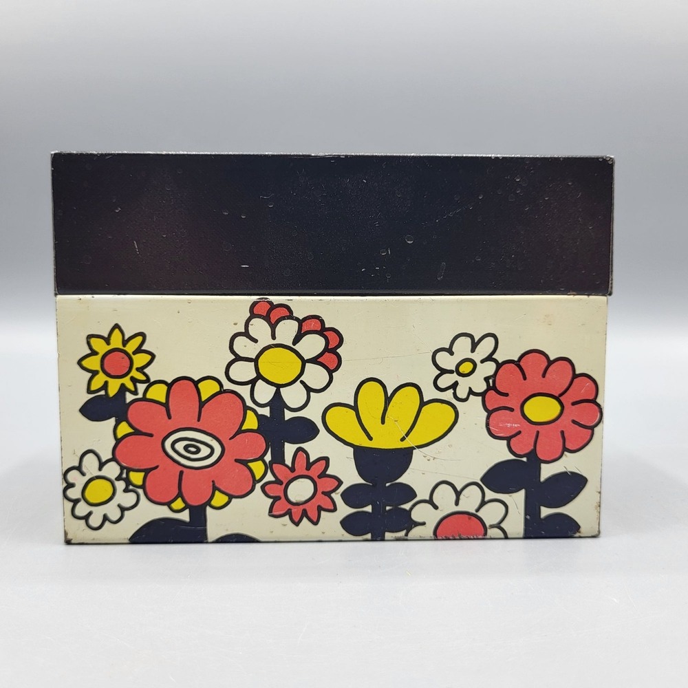 Vintage Floral Tin Storage Recipe Box W/ Black Lid & Bright Flower Design